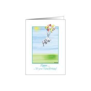  102nd Birthday, cute Elephant flying with balloons! Card 