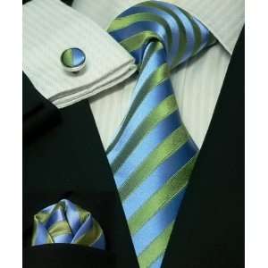   Stripes Blue Green 100% Silk tie Set TheDapperTie 18F 