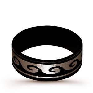   Steel Ring With Black IP Wave Design. Band With: 8.2mm. Ring Size: 13