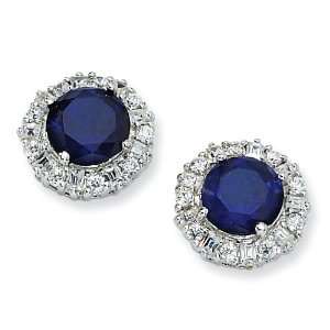  Sterling Silver Synthetic Sapphire & CZ Post Earrings 