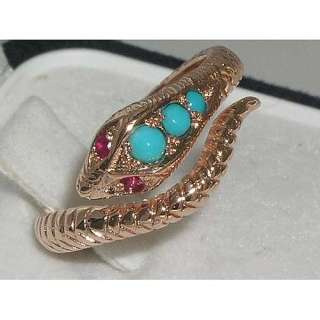 SOLID 14K ROSE GOLD TURQUOISE RUBY SCALED SNAKE RING  