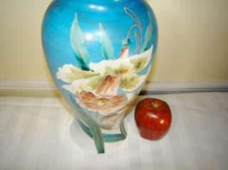 Hand Painted Glass Bristol Vase Blue with Flowers  