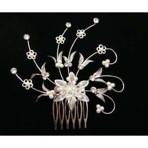   Crystals With Silvery Leaves And Faux Pearls Hair comb 4264: Beauty