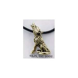 com Wolf Necklace, 14k Yellow Gold, 24 long black leather cord, Wolf 