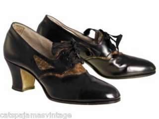 Vintage Black Leather Oxford Heel Snake Acc Walk Over 1920s NIB Size 