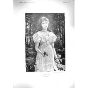  1895 ANTIQUE PORTRAIT BEAUTIFUL GIRL VIOLETS FLOWERS