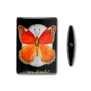 25x35mm Rectangle Black Onyx Orange Butterfly on Silver 