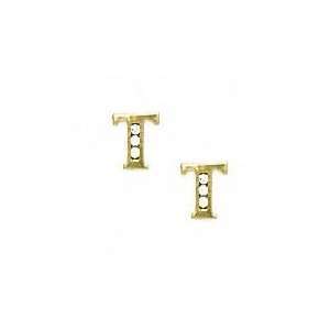  14k Yellow 1.5 mm Round CZ Initial T Post Earrings 
