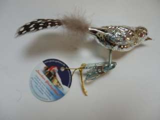 SILVER BIRD GERMAN BLOWN GLASS ORNAMENT SPOTTED TAIL  