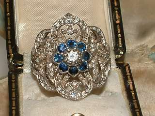 LARGE WIDE 18CT WHITE GOLD SAPPHIRE DIAMOND FLOWER CLUSTER RING  