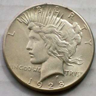 KEY DATE   1928 SILVER PEACE DOLLAR   CHOICE ABOUT UNCIRCULATED   AU 
