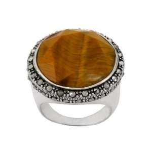  Sterling Silver Marcasite and Round Faceted Tigers Eye Ring 