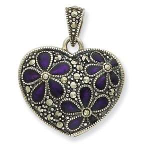   Silver Marcasite Purple Enamel Flower in Heart Pendant Jewelry