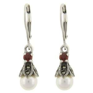  Sterling Silver Marcasite Red CZ Pearl Earrings Jewelry