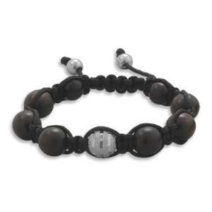  Adj able Black Macrame Cord Bracelet 10mm Brown Wood Beads 