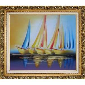 Row Of Yellow Sailing Boats Oil Painting, with Ornate Antique Dark 