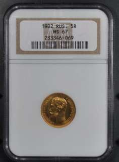 1902 NGC MS67 RUSSIA GOLD 5 ROUBLES RUBLES  