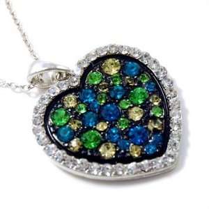  Silver with Clear and Green Blue Heart Pendant Necklace 