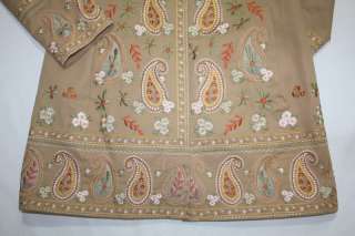 WOMENS EMBROIDERED TAN LONG JACKET TRENCH COAT = COLDWATER CREEK SIZE 