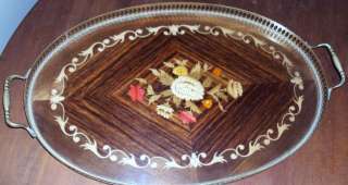   ITALIAN MARQUETY INLAY WOODEN OVAL SERVING TRAY W BRASS RIM & HANDLE