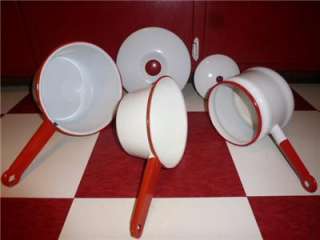 Red & White Enamelware Pots w/ Lids 3qt, 2qt & 1 1/2qt  