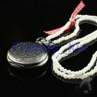 Antique Silver Steampunk Pearl Necklace Pocket Watch 44  