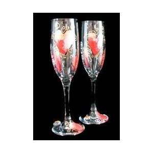 Hearts of Fire Design   Hand Painted   Set of 2   Champagne Flutes   6 