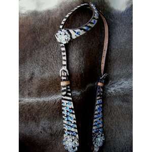  WESTERN LEATHER HEADSTALL SET ZEBRA HAIRON WITH BLUE BLING 