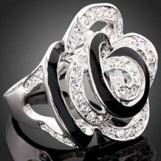 Clear Crystal Rose Floral White Gold GP Fashion Rings  