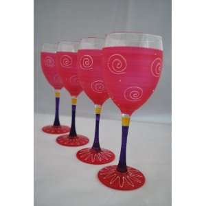    4 Beautiful Hand painted Wine Glasses. (Red)