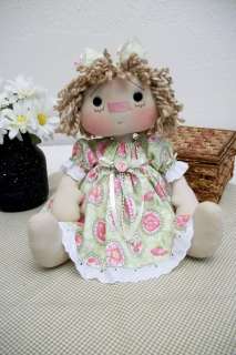15 Primitive Raggedy Ann doll lt. green/pink roses dress w/ beads 