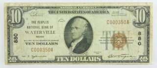 1929 $10 WATERVILLE MAINE NATIONAL CURRENCY BANK NOTE  