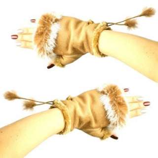 Winter Soft Fuzzy Furry Real Fur Trim Fingerless Half Cuff Off Gloves 