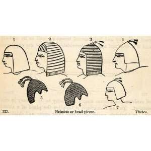  1854 Woodcut Ancient Thebes Egyptian Headpieces Helmets 