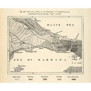 1882 Relief Line block Map Black Marmara Sea Map Geological Peninsula 