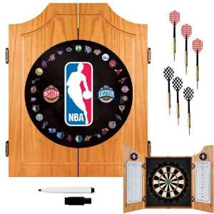 NBA Logo with All Teams Beveled Wood Dart Cabinet Set   Game Room 