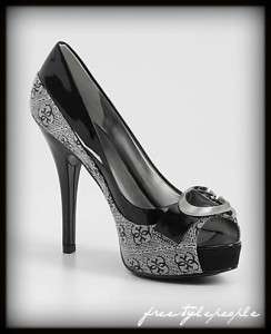 NIB NEW GUESS Black Grey ALESSA Peep Toe w/Buckle G Logo Pumps Shoes 