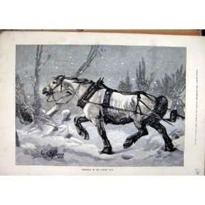   1879 Christmas Horse Pulling Snow Storm Antique Print