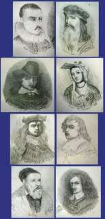 TEN FINE ANTIQUE DRAWING FAMOUS PAINTER PORTRAITS 1864  