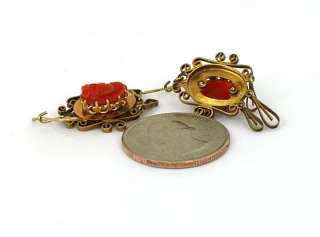 ANTIQUE VICTORIAN 14K GOLD & CORAL CAMEO EARRINGS  