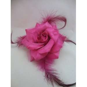  Pink Rose with Feather Flower Hair Clip Pin and Band 