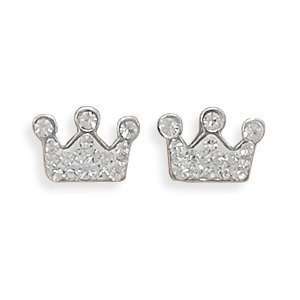 Queen Princess Crown Earrings 8mm Post Stud Crystal Sterling Silver
