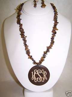 Brown stone monogrammed wood pendant necklace set  