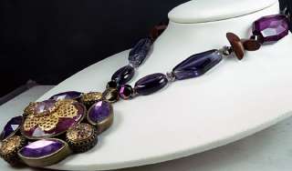   Glass, Purple Medallion Pendant Necklace. Gold Accent, Signed N  