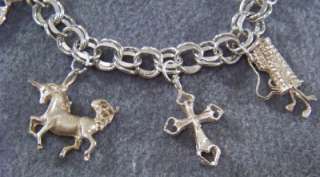 ANTIQUE STERLING SILVER CHARM BRACELET 8 BOLD CHARMS *  