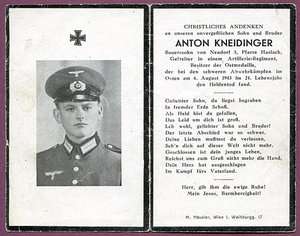 1942 German Death Card Artilleryman Anton Kneidinger  