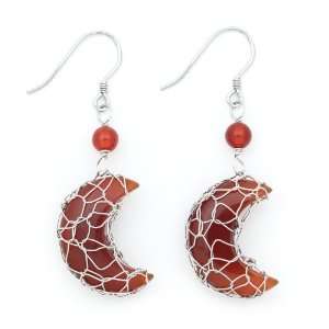 Wire wrapped Lace Red Crescent Moon Agate Dangle Earrings in Sterling 