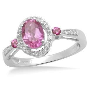 10k White Gold Oval and Round Created Pink Sapphire Diamond Ring (1/12 