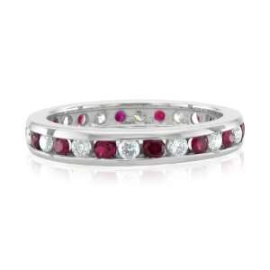 Natural Ruby Diamond Eternity Ring in Channel Set 18k White Gold Band 