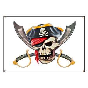   Banner Pirate Skull with Bandana Eyepatch Gold Tooth 